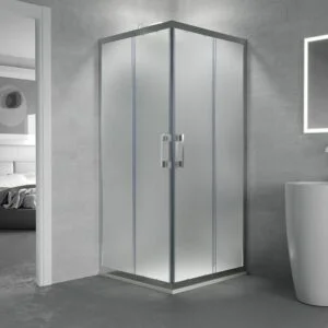 GLISS cabine de douche carrée ouverture angulaire 2 fixes-2 portes coulissantes. Verre opaque avec traitement anti-calcaire. Finition CHROME BRILLANT