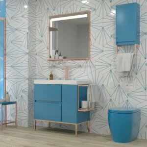 Meuble de salle de bain 2 tiroirs - 1 porte BLEU CIEL finition mate avec vasque en résine épaisseur 6 cm
