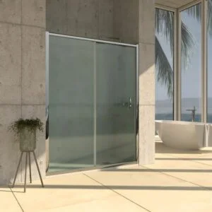 TEMPO 1 paroi de douche frontale fixe – 1 porte coulissante vitrée carglass neuf. Finition CHROME BRILLANT