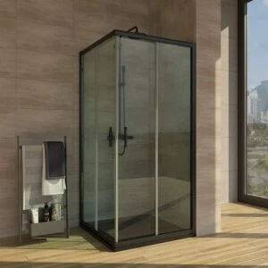Cabine de douche carrée TEMPO ouverture angulaire 2 fixes-2 portes coulissantes. Avec traitement anti-calcaire Finition NOIR MAT