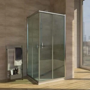 Cabine de douche carrée TEMPO ouverture angulaire 2 fixes-2 portes coulissantes. Avec traitement anti-calcaire Finition CHROME BRILLANT.