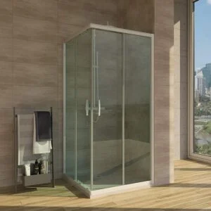 Cabine de douche carrée TEMPO ouverture angulaire 2 fixes-2 portes coulissantes. Avec traitement anti-calcaire Finition BLANC MAT