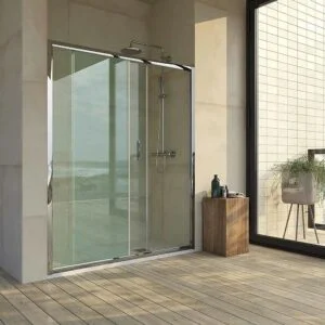 Paroi de douche frontale fixe TEMPO 1 – 1 porte coulissante. Finition CHROME BRILLANT