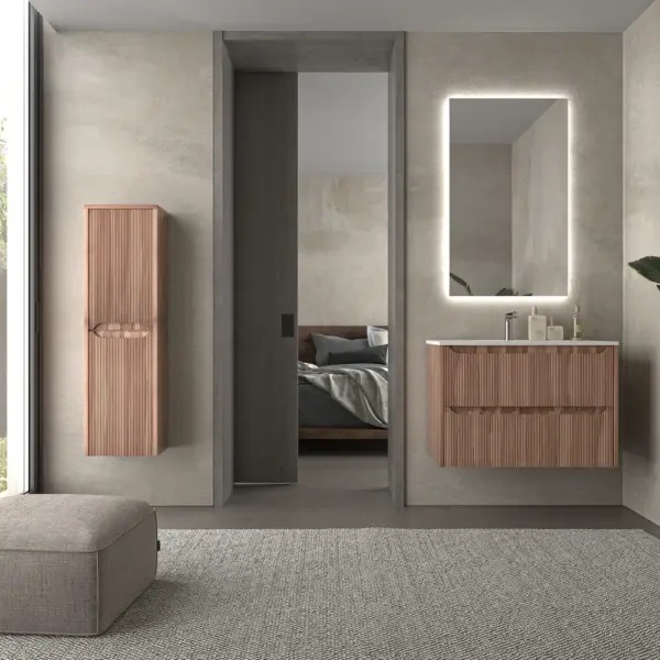 Meuble vasque de salle de bains avec 2 tiroirs, modèle TOSCANA, avec vasque en porcelaine, finition milleriguée, OLIVO 90 cm, base spéciale 60 cm.