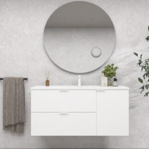 Meuble-lavabo de salle de bain de 120 cm avec 2 tiroirs et poignées « Toscana » ; finition blanc mat (conçu pour accueillir un plan et une vasque fournis par le client).