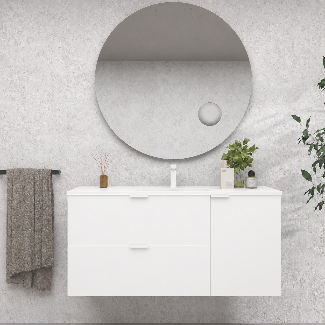 Meuble-lavabo de salle de bain de 120 cm avec 2 tiroirs et poignées « Toscana » ; finition blanc mat (conçu pour accueillir un plan et une vasque fournis par le client).