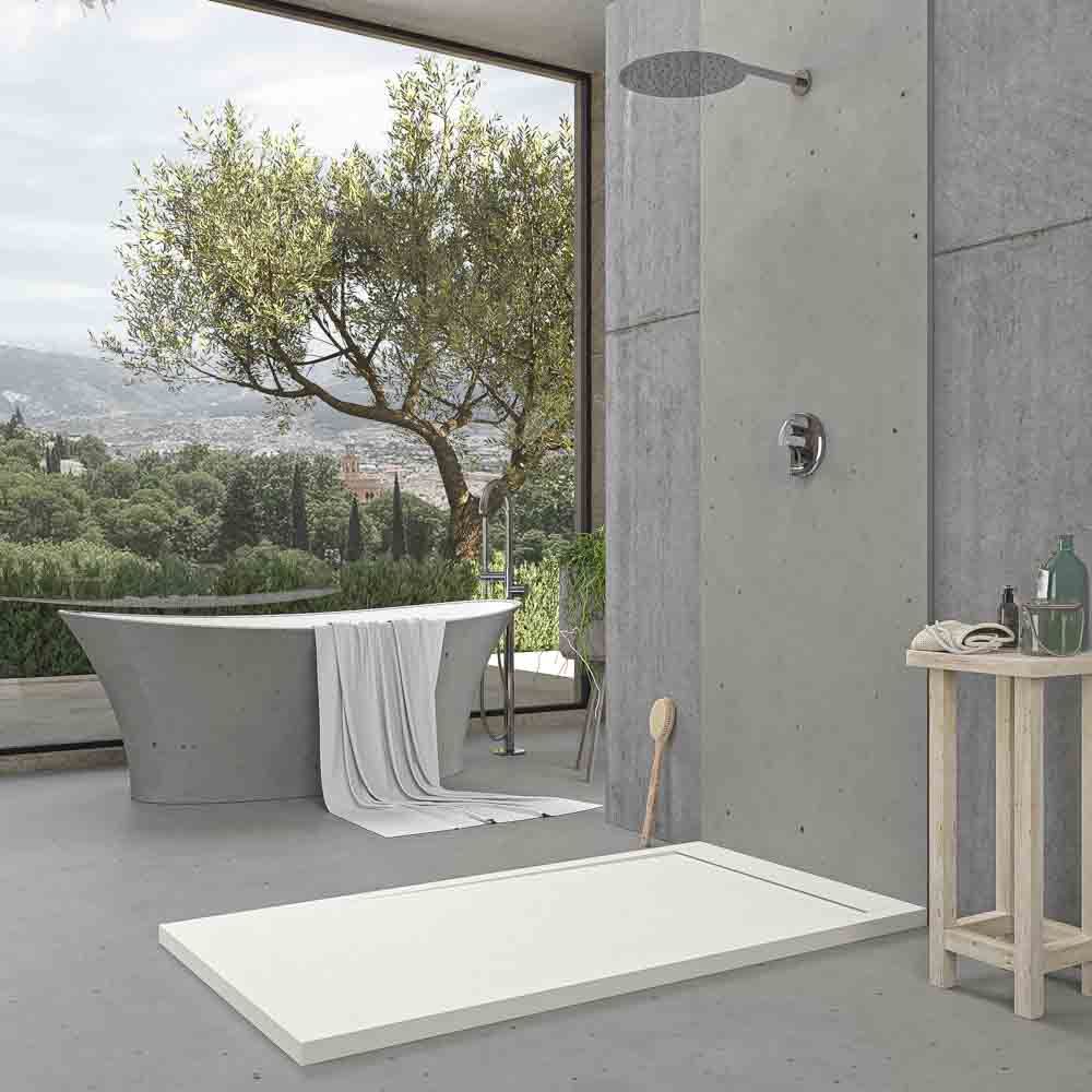 URBANSTONE Receveur de douche en résine avec cadre blanc texture ardoise, antibactérien et antidérapant. Couleurs au choix. grille cachée – Image 3