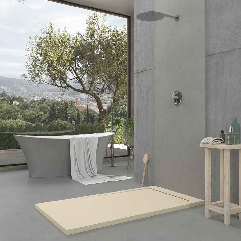 Receveur de douche en résine avec cadre URBANSTONE Ivoire RAL 1015 texture ardoise antibactérien et antidérapant. Coloris au choix. Grille cachée – Image 3