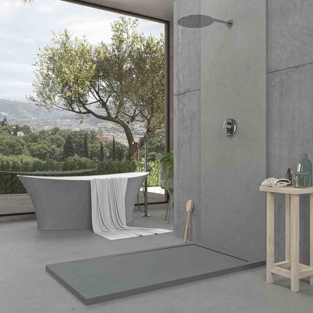 Receveur de douche en résine avec cadre URBANSTONE Gris RAL 7040 texture ardoise antibactérien et antidérapant. Coloris au choix. Grille cachée – Image 3