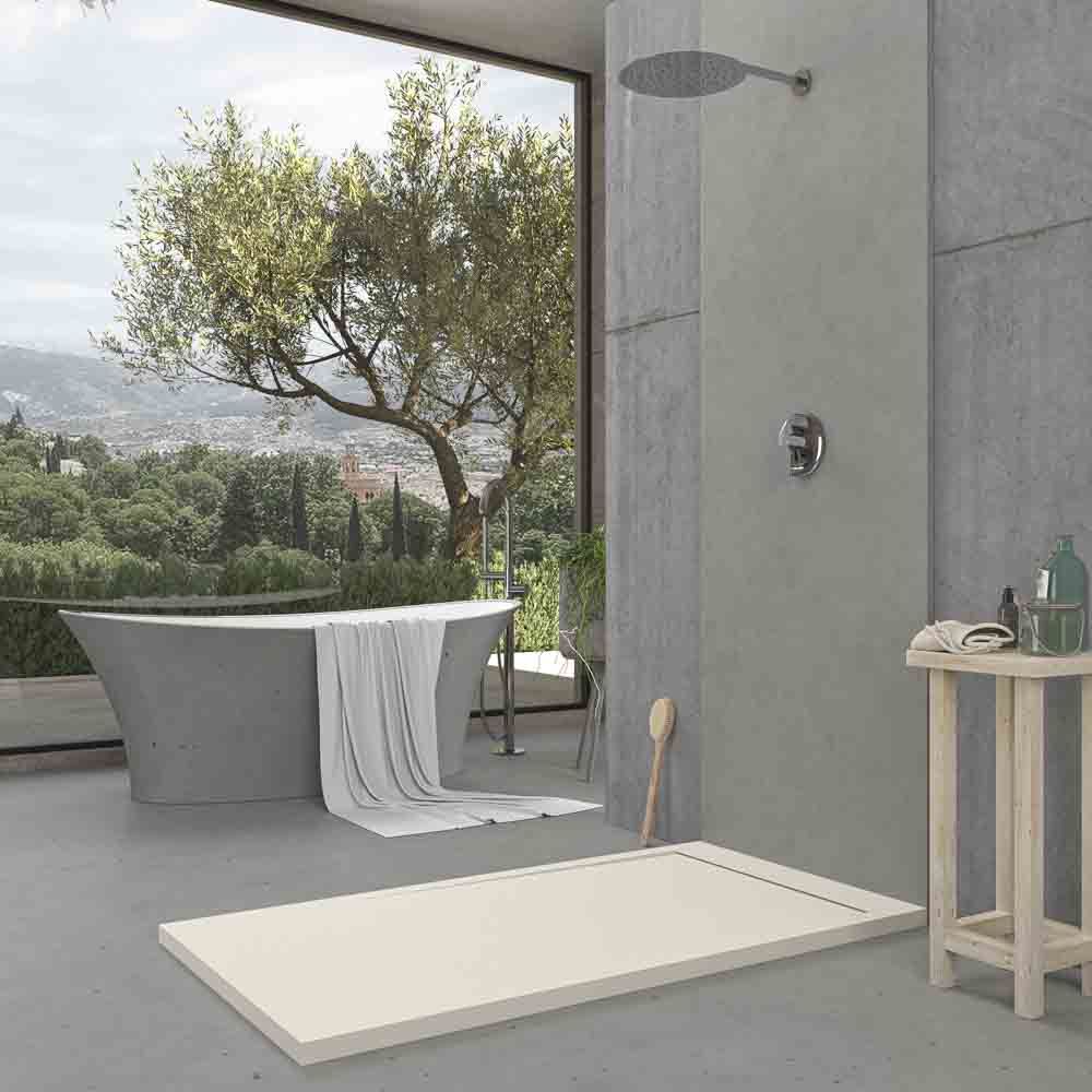 Receveur de douche en résine avec cadre URBANSTONE Blanc Cassé RAL 9001 texture ardoise antibactérien et antidérapant. Coloris au choix. Grille cachée – Image 3