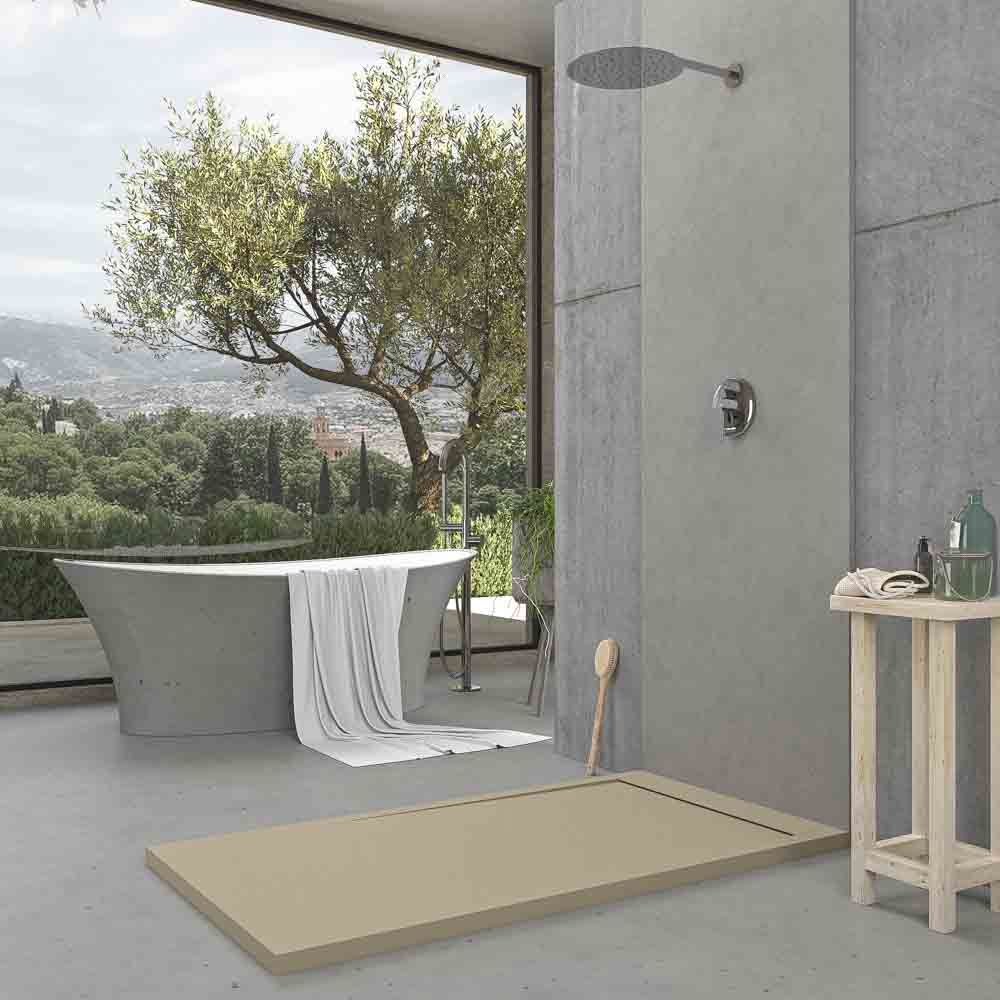 URBANSTONE Receveur de douche en résine avec cadre Moka, texture ardoise, antibactérien et antidérapant. Couleurs au choix. grille cachée – Image 3