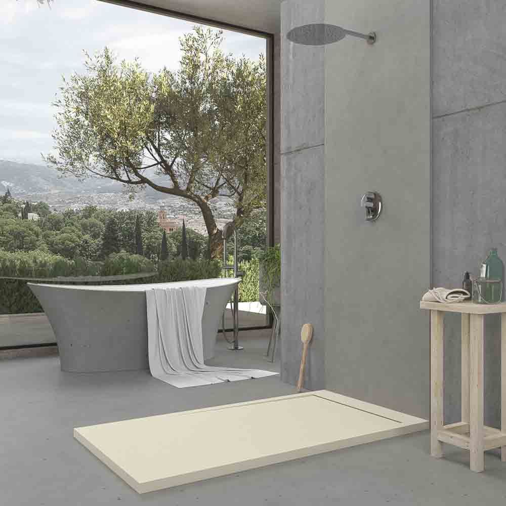Receveur de douche en résine avec cadre URBANSTONE Texture ardoise crème, antibactérien et antidérapant. Couleurs au choix. Grille cachée. – Image 3