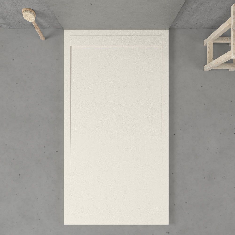Receveur de douche en résine avec cadre URBANSTONE Blanc Cassé RAL 9001 texture ardoise antibactérien et antidérapant. Coloris au choix. Grille cachée