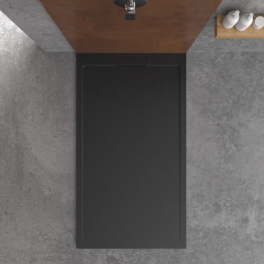 Receveur de douche en résine STYLE – couleur noire RAL-9005 et autres – texture ardoise – antibactérien et antidérapant. grille cachée