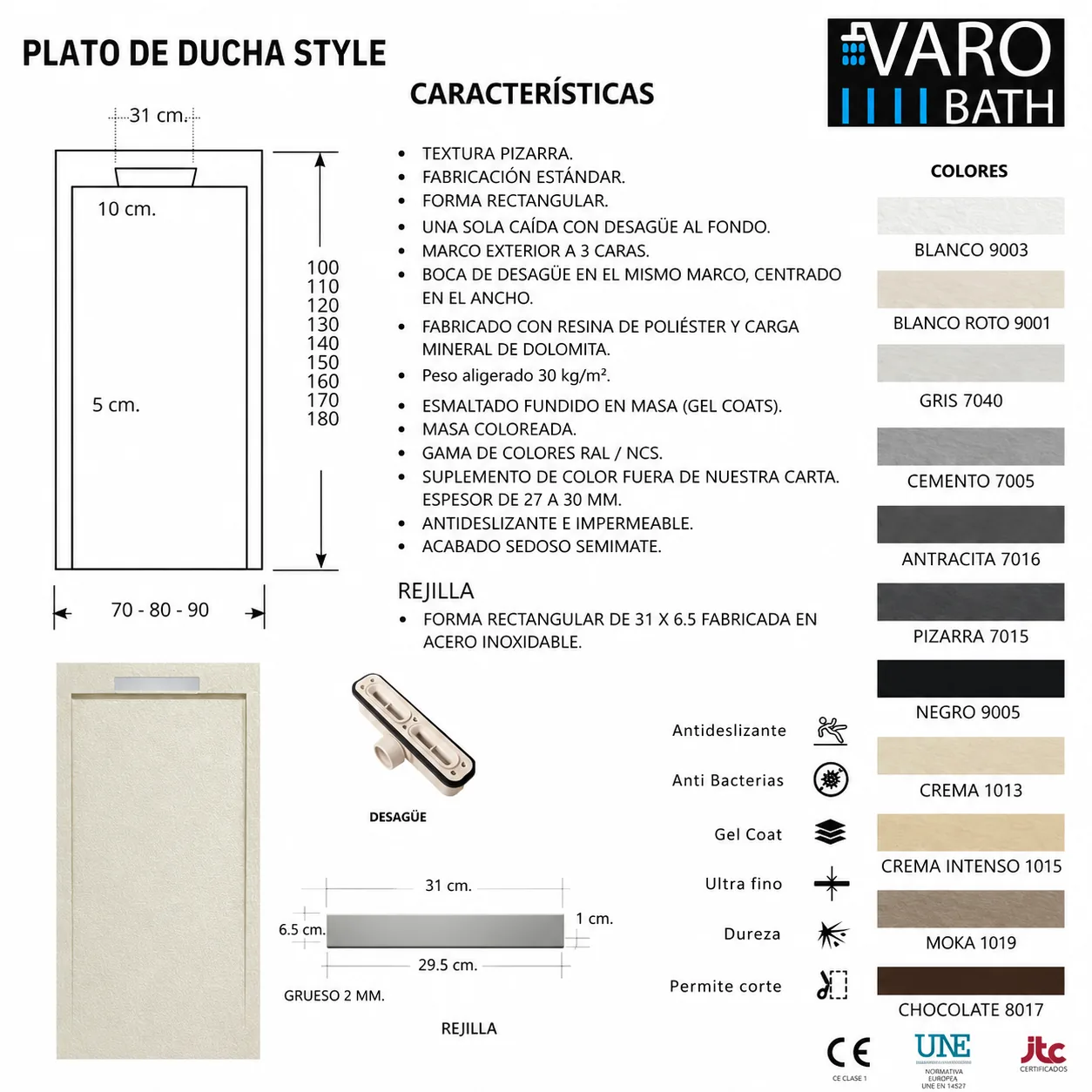 Receveur de douche en résine STYLE – couleur noire RAL-9005 et autres – texture ardoise – antibactérien et antidérapant. grille cachée – Image 6