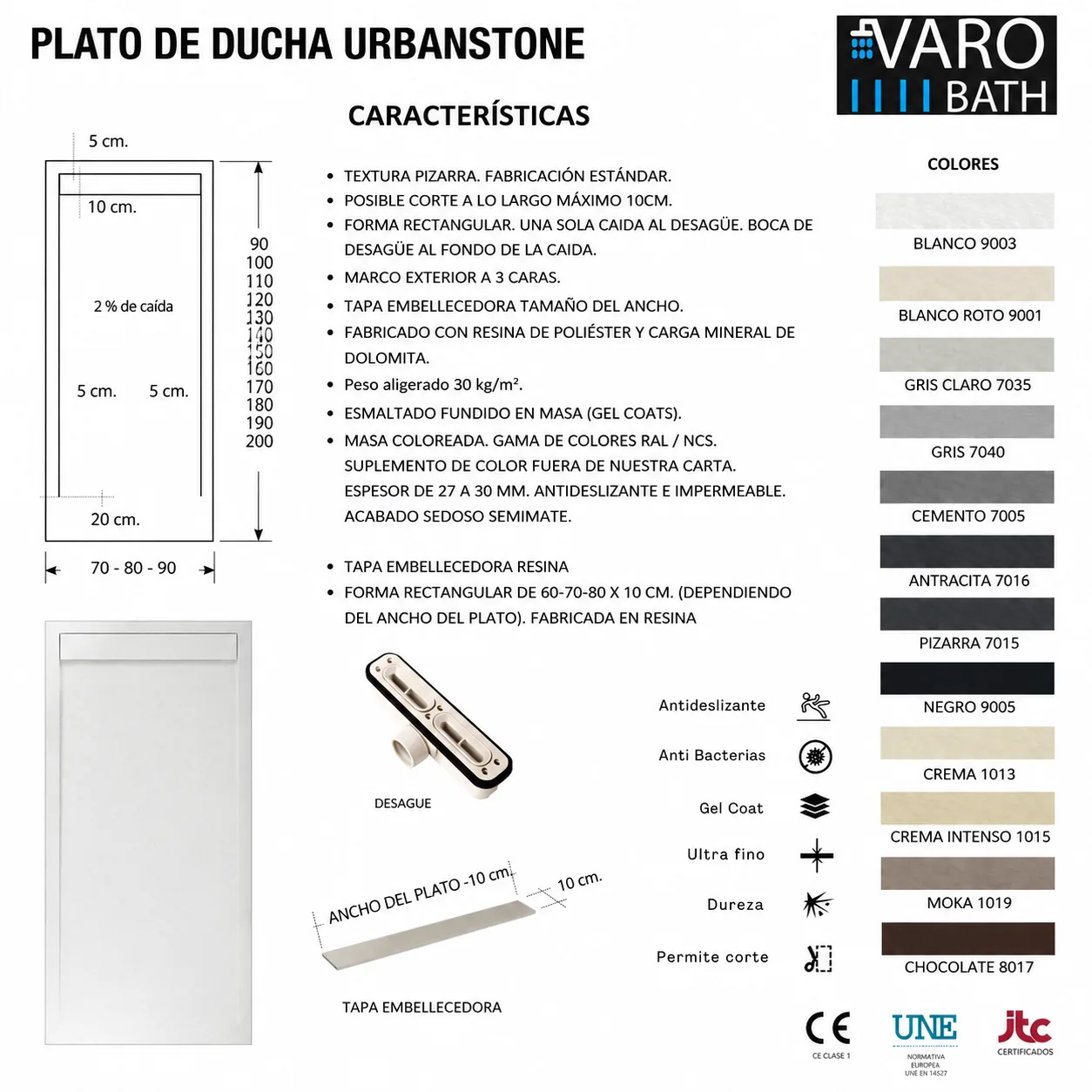 URBANSTONE Receveur de douche en résine avec cadre blanc texture ardoise, antibactérien et antidérapant. Couleurs au choix. grille cachée – Image 5